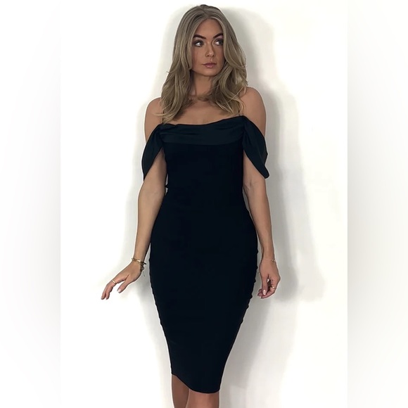 Vesper Black bodycon Bardot Midi Dress - Picture 4 of 6
